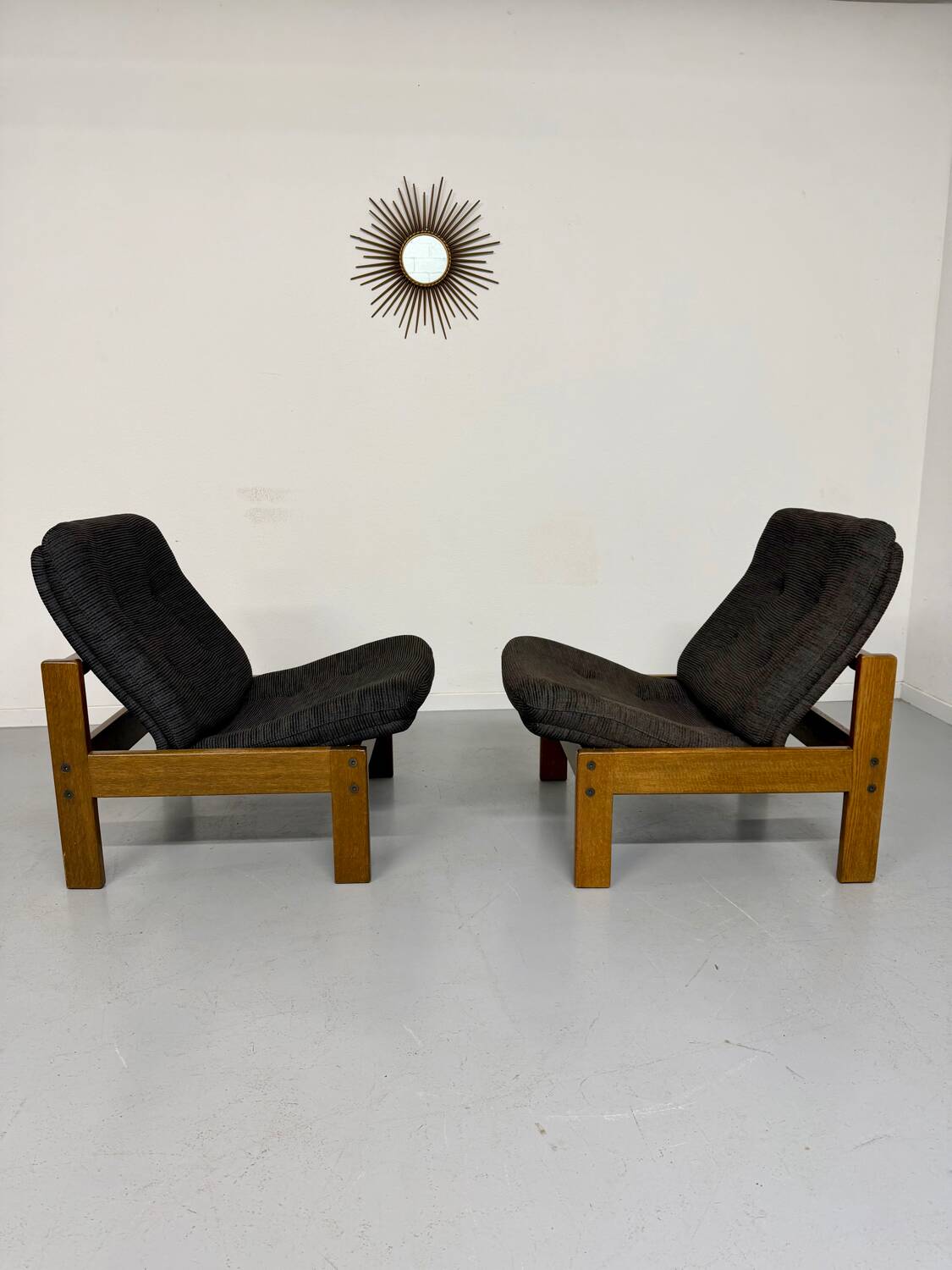 Lot of 2 adjustable wooden fabric chairs, Scandinavian design, vintage 1970s.