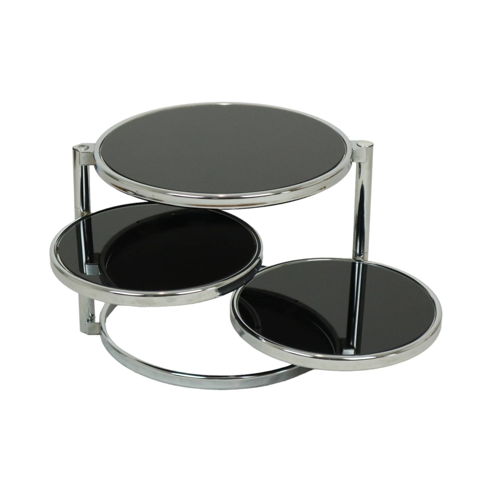 Round rotatable coffee table design black glass chrome 3 plateaus 1980s