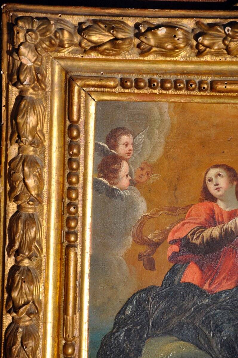 Oil on hammered copper depicting the Assumption of the Virgin, 17th century