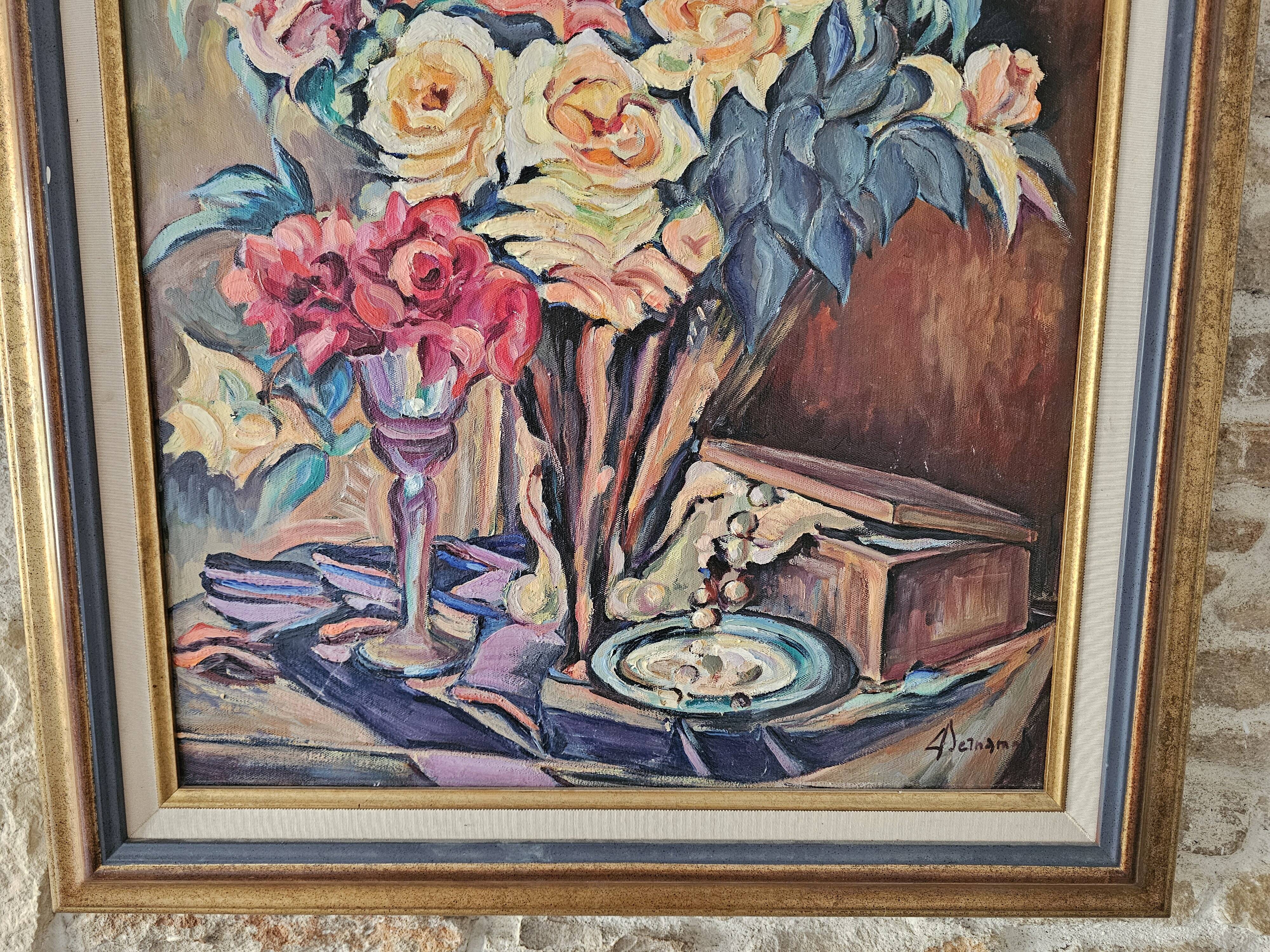 Oil on Canvas Still Life Flower Bouquet Signed Bernamonti