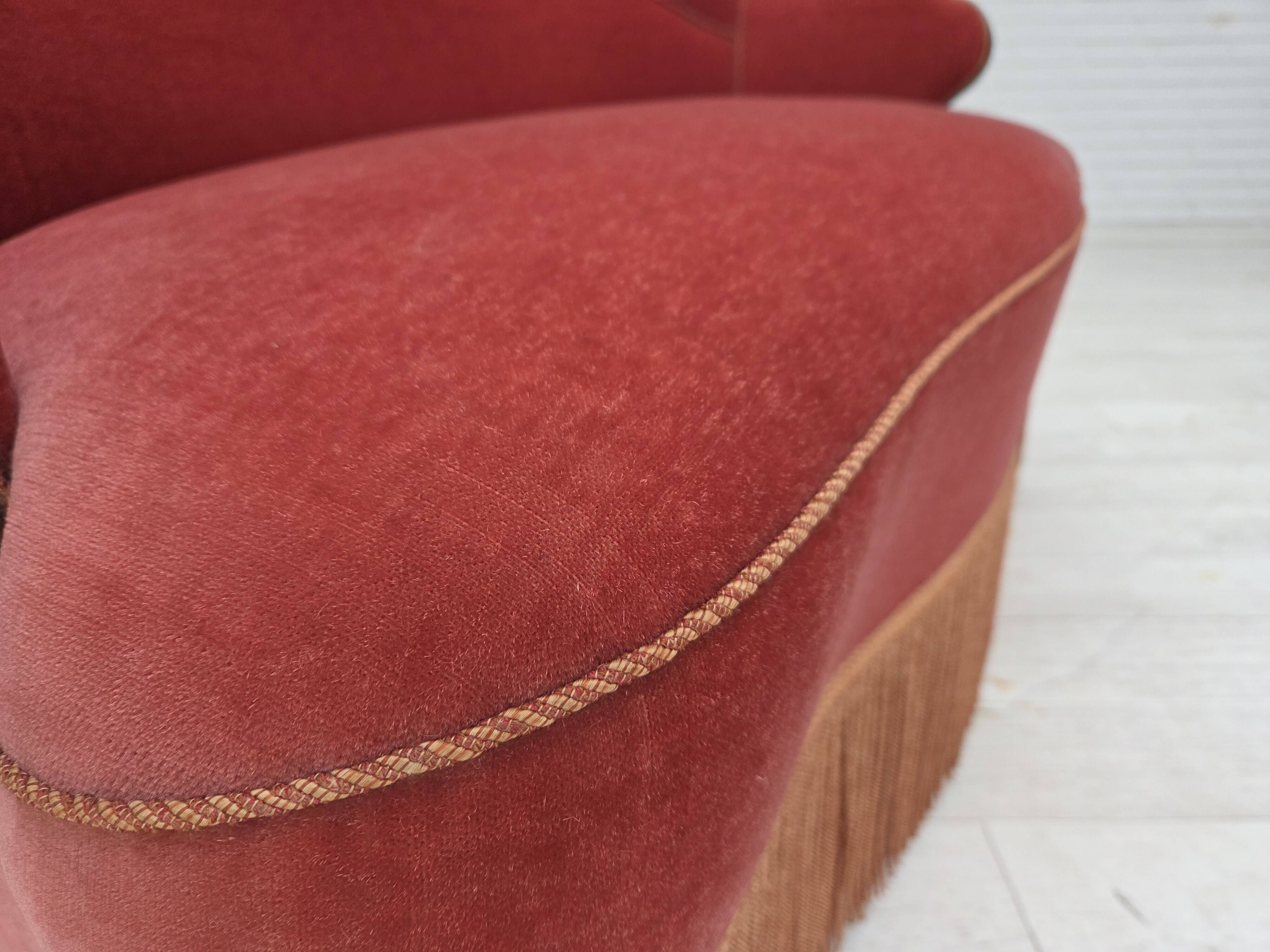 1950s, Danish 2-seater sofa, salmon pink furniture velour, ash wood.