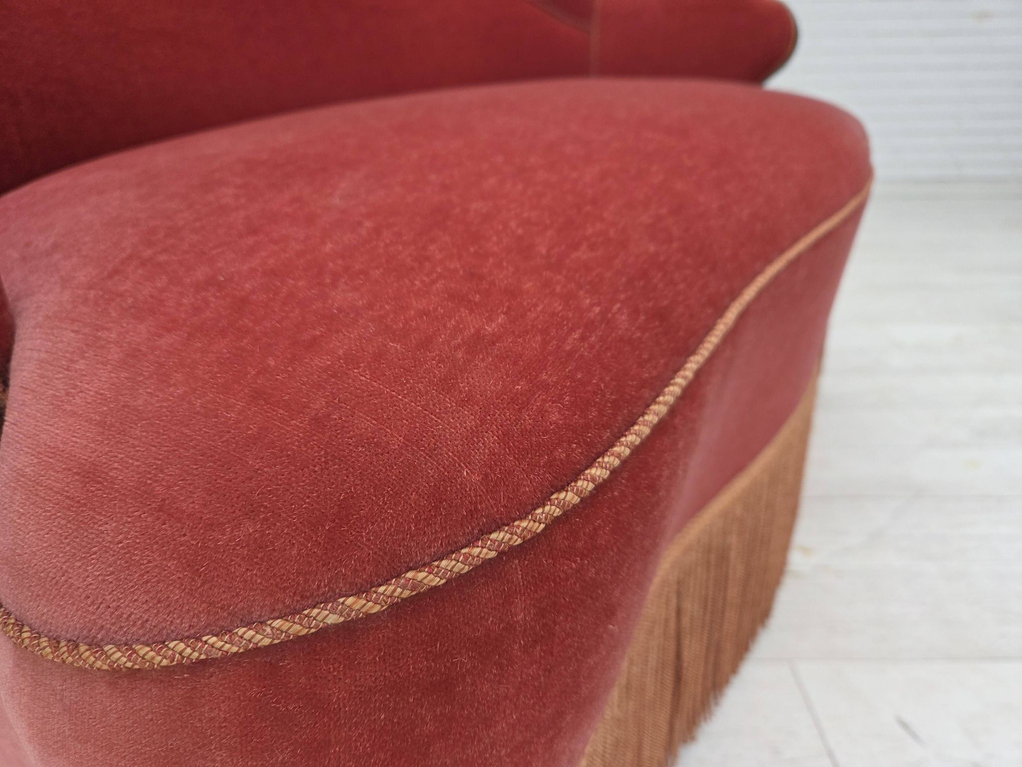 1950s, Danish 2-seater sofa, salmon pink furniture velour, ash wood.