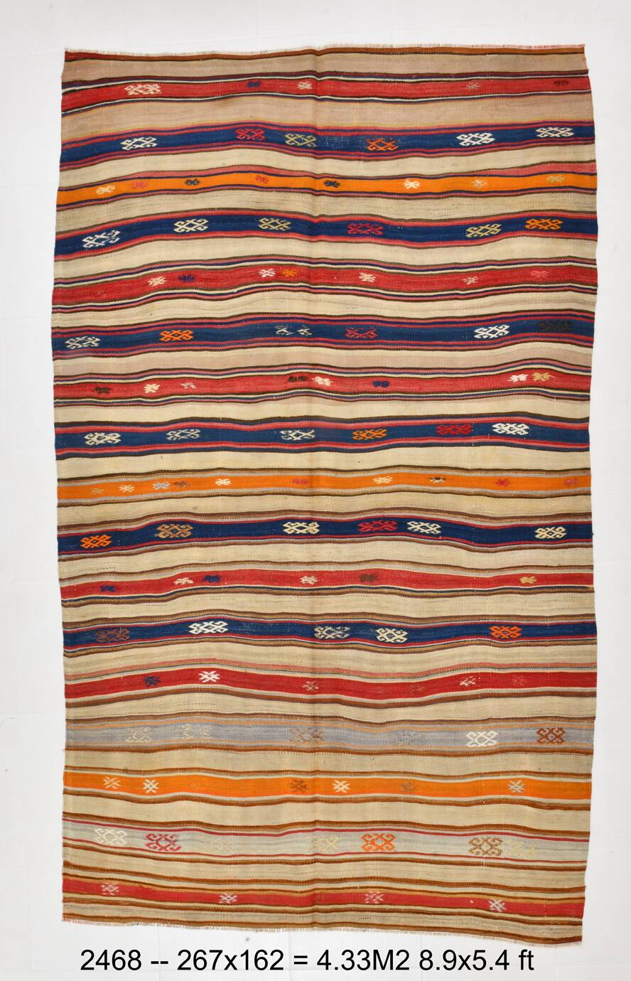Cream Blue Striped Pattern Vintage Kilim Rug, 162x267Cm