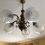 Glass and wood chandelier and brass