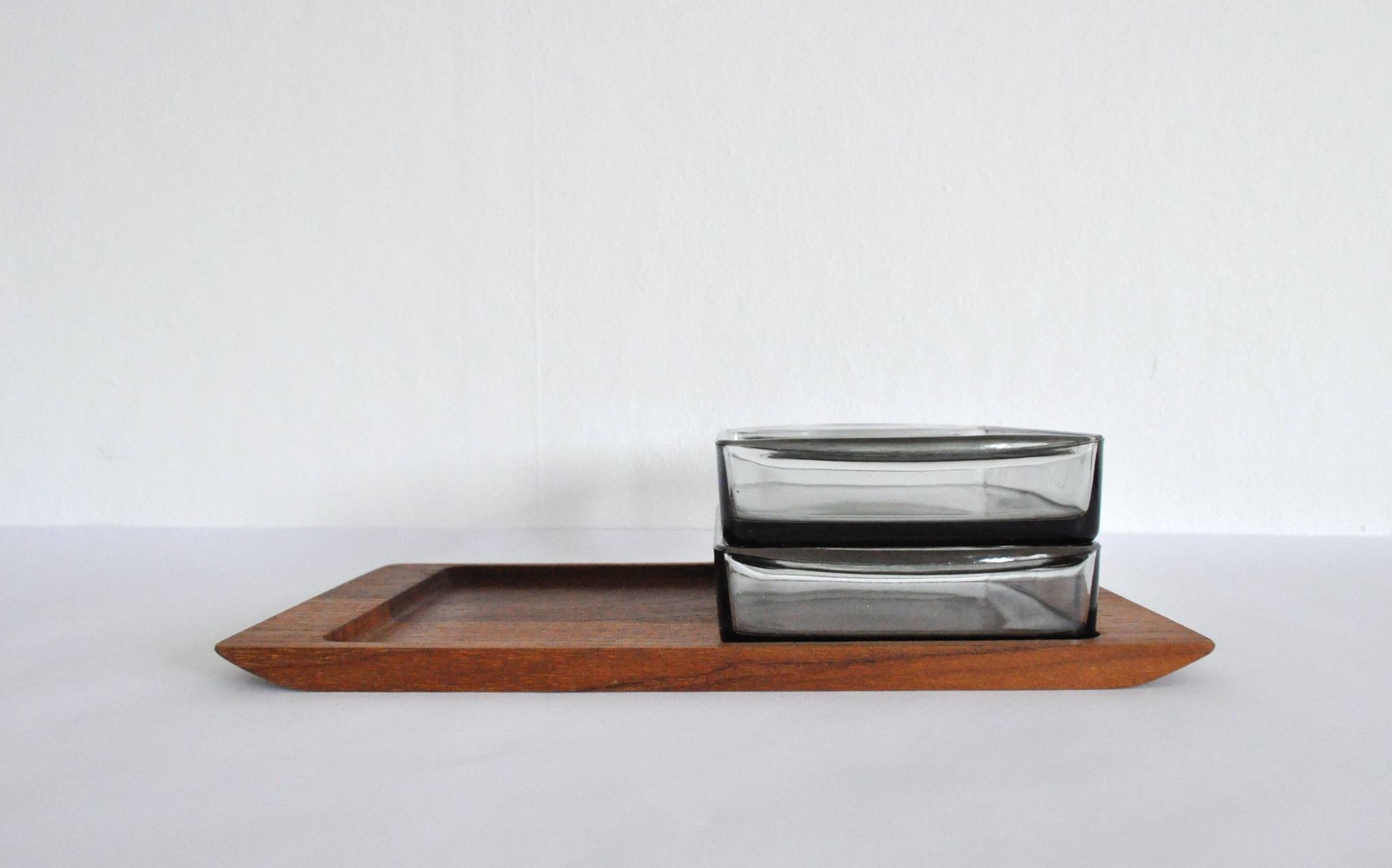 Danish Modern Teak Serving Tray with Glass Bowls by Wiggers, Denmark, 1960s