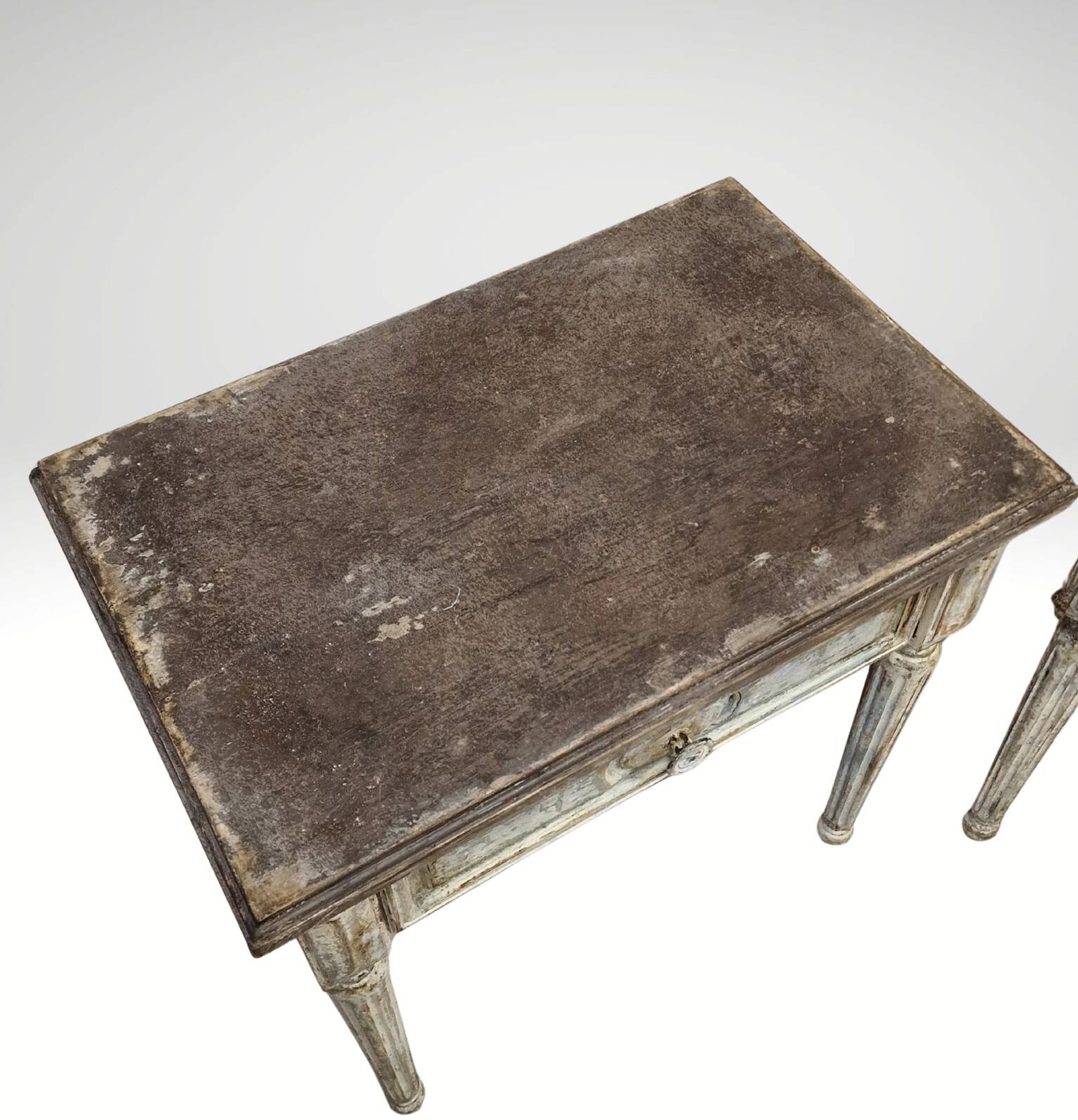 Pair of Louis XVI style bedside tables with patina