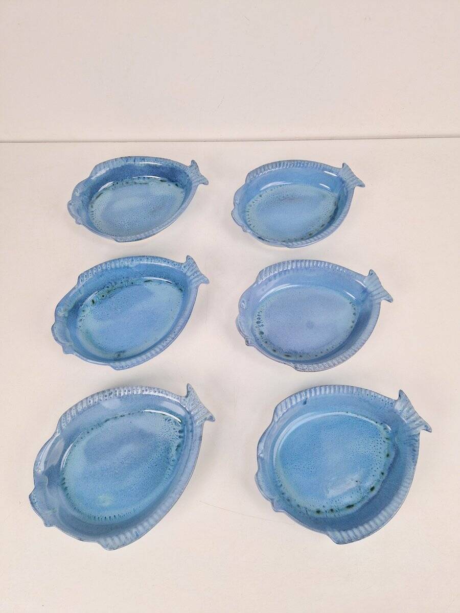 Assiettes en céramique bleue en forme de poisson par Aimé De Grimaud, France, 1970, ensemble de 6.