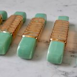 Set of a bottle bottom and 5 knife holders in art deco mint green ceramic
