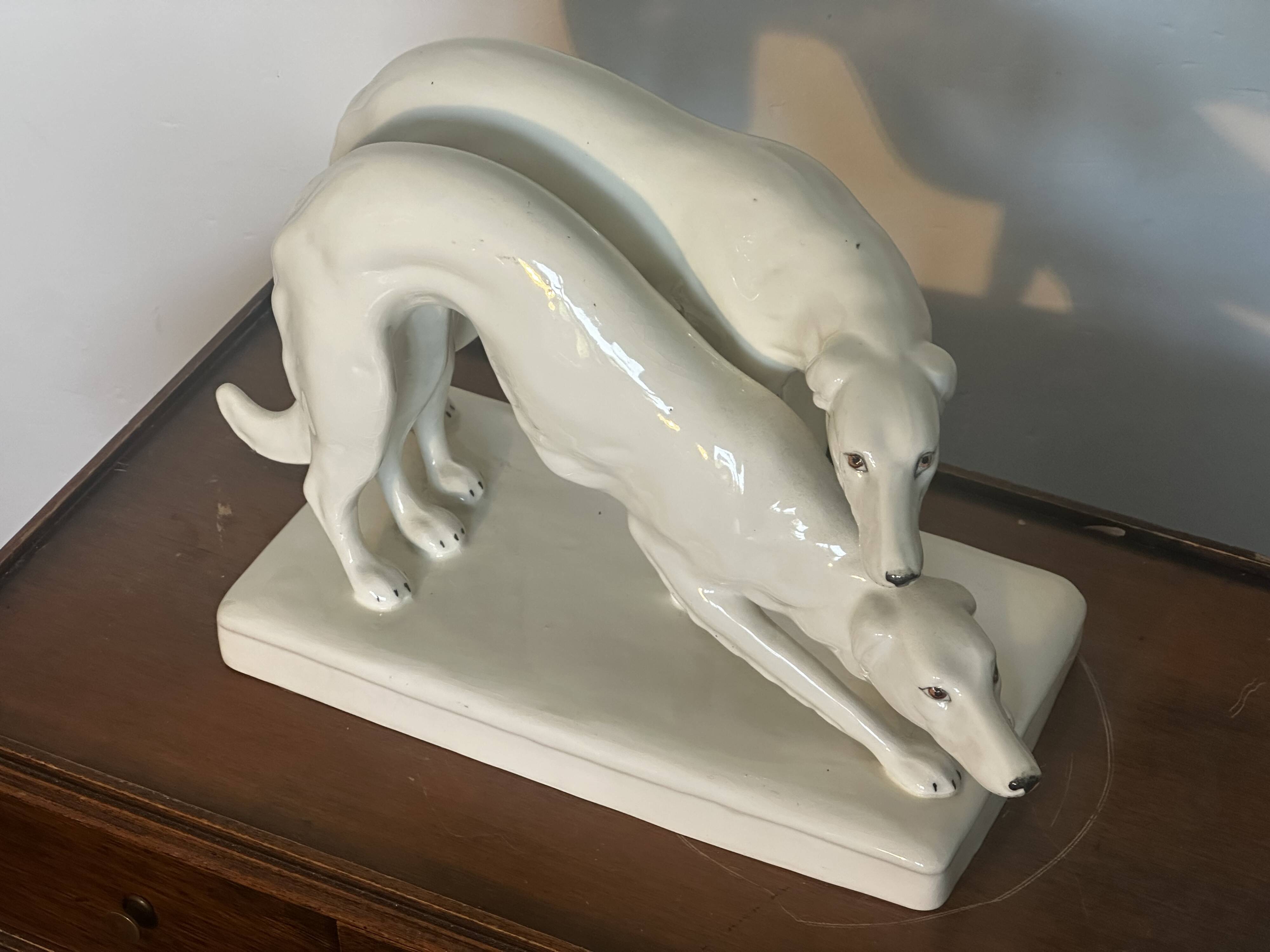 Pair of Borzoi - White Greyhounds - Art Deco ceramic