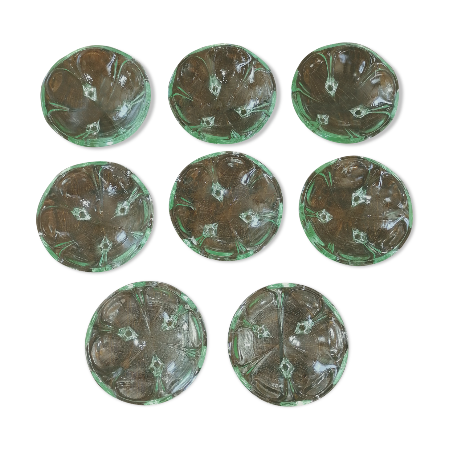 8 green vintage glass cups