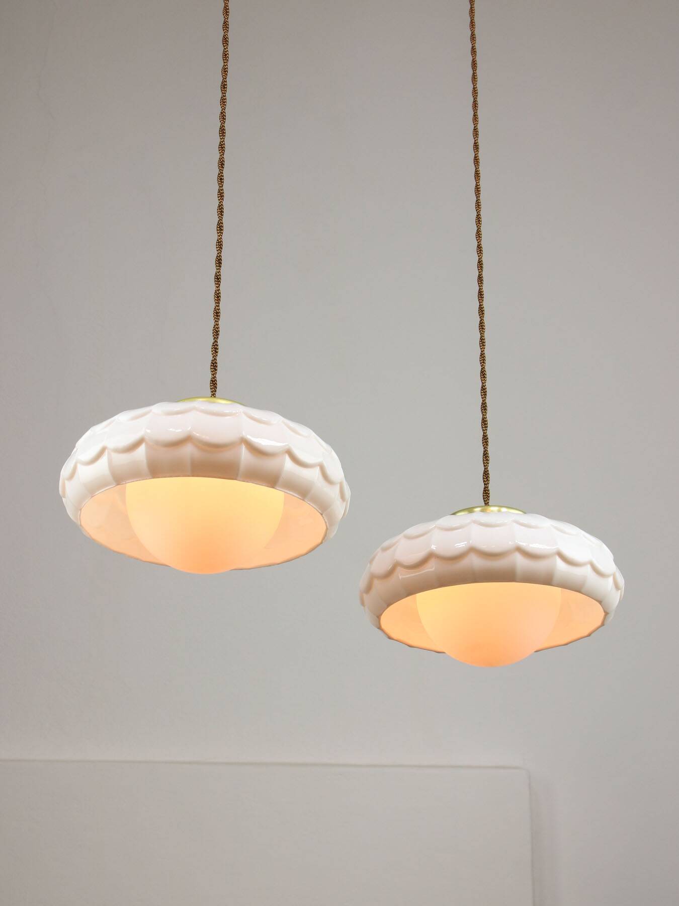 Mid-Century Italian Ceramic & Brass Pendant Lamps, Set of 2