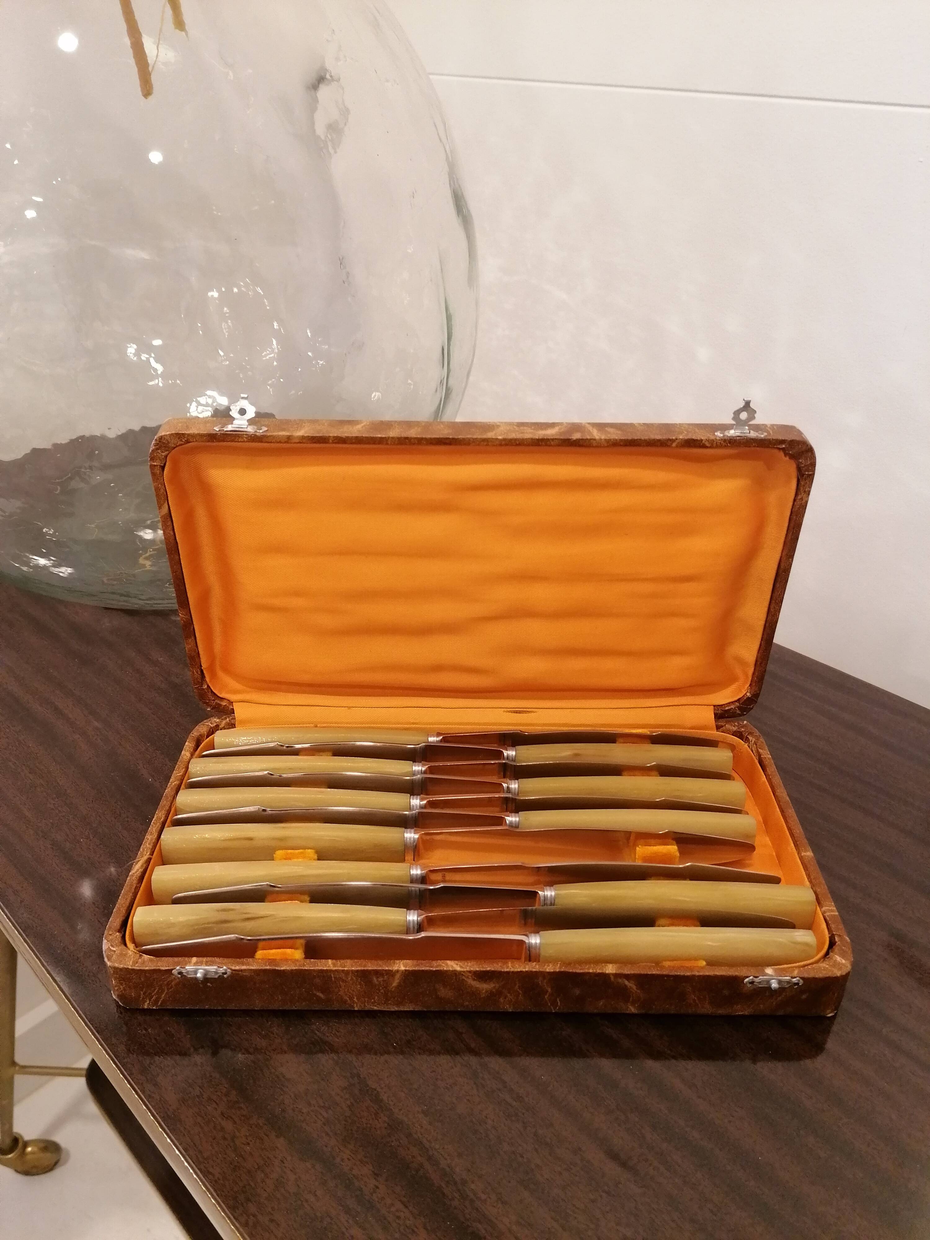 Box of 11 stainless steel knives with bakelite handles