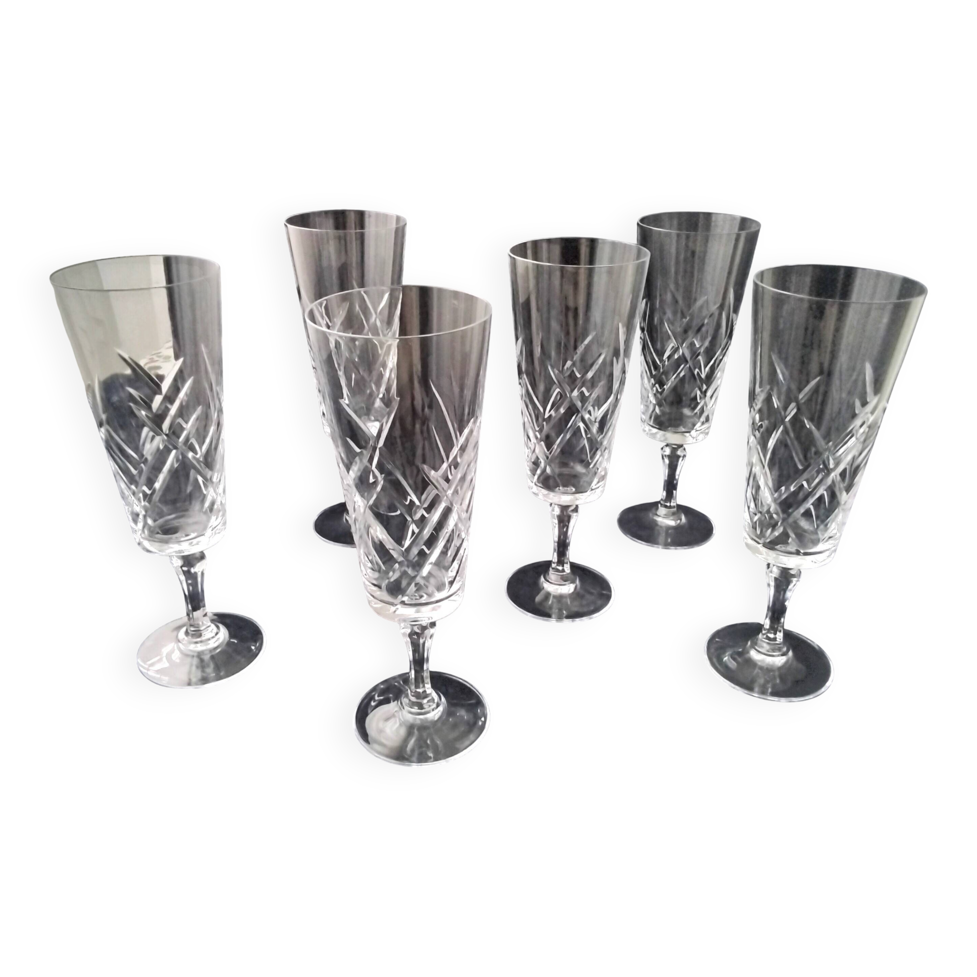 6 Antique Champagne Flutes in Arques Crystal, Saumur Model