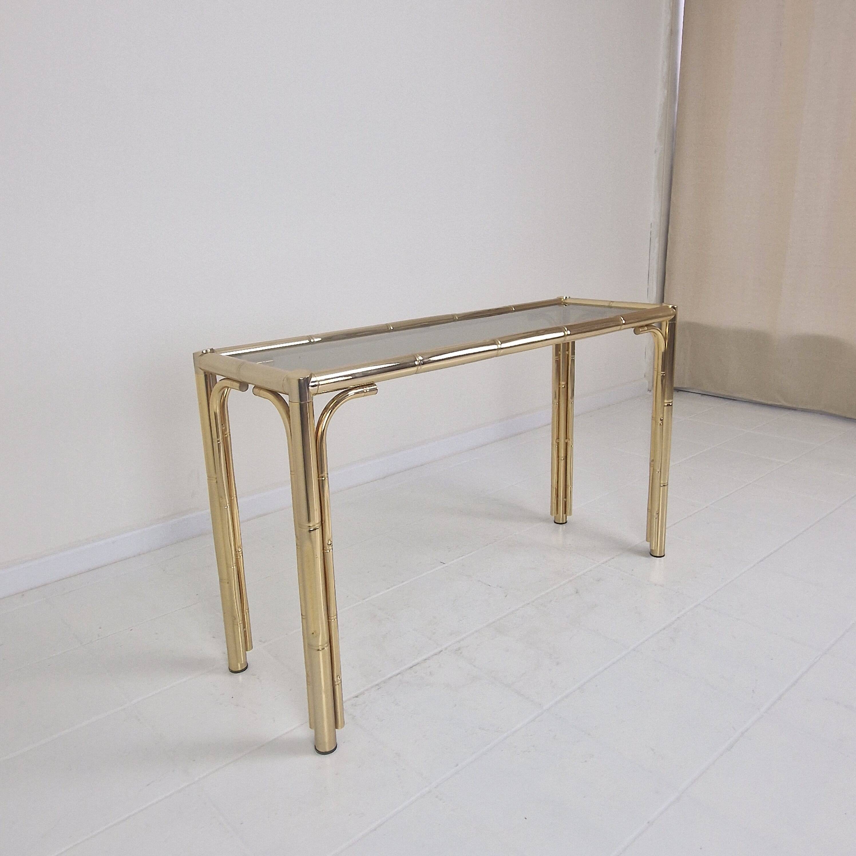 Italian Rectangle Side Table in Brass Bamboo and Smoked Glass, 1970s
