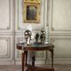 Empire pedestal table in mahogany and bronze, Saint-Anne grey marble with groove, circa 1800