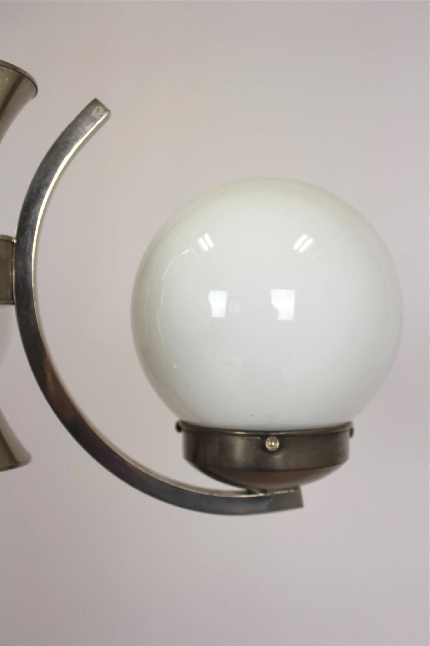 Vintage Czech Bauhaus style pendant light, tall, with opaline glass globes, 1940s