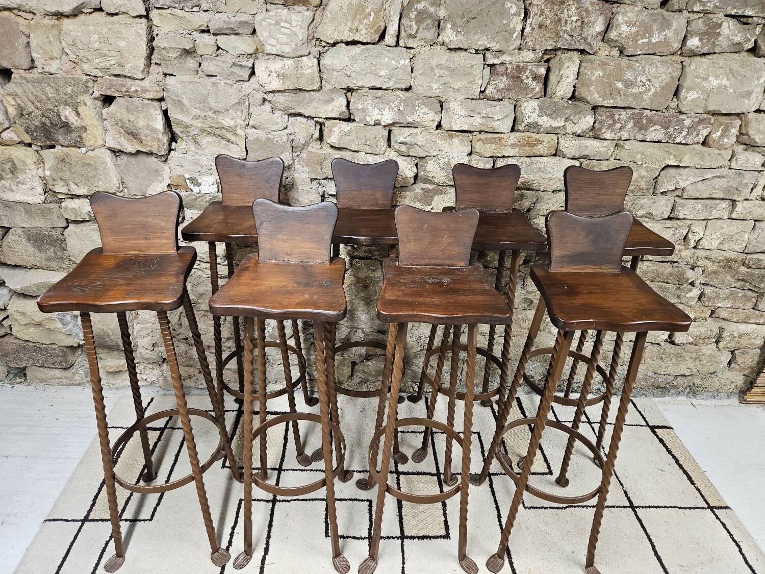 Set of 8 brutalist wrought iron bar stools 1970"