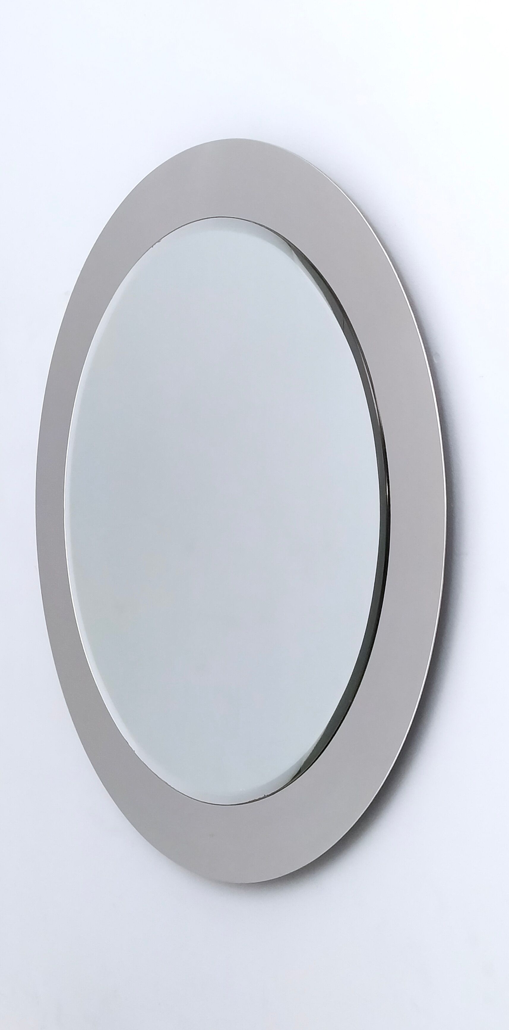 Postmodern round wall mirror with mirrored steel frame, italy