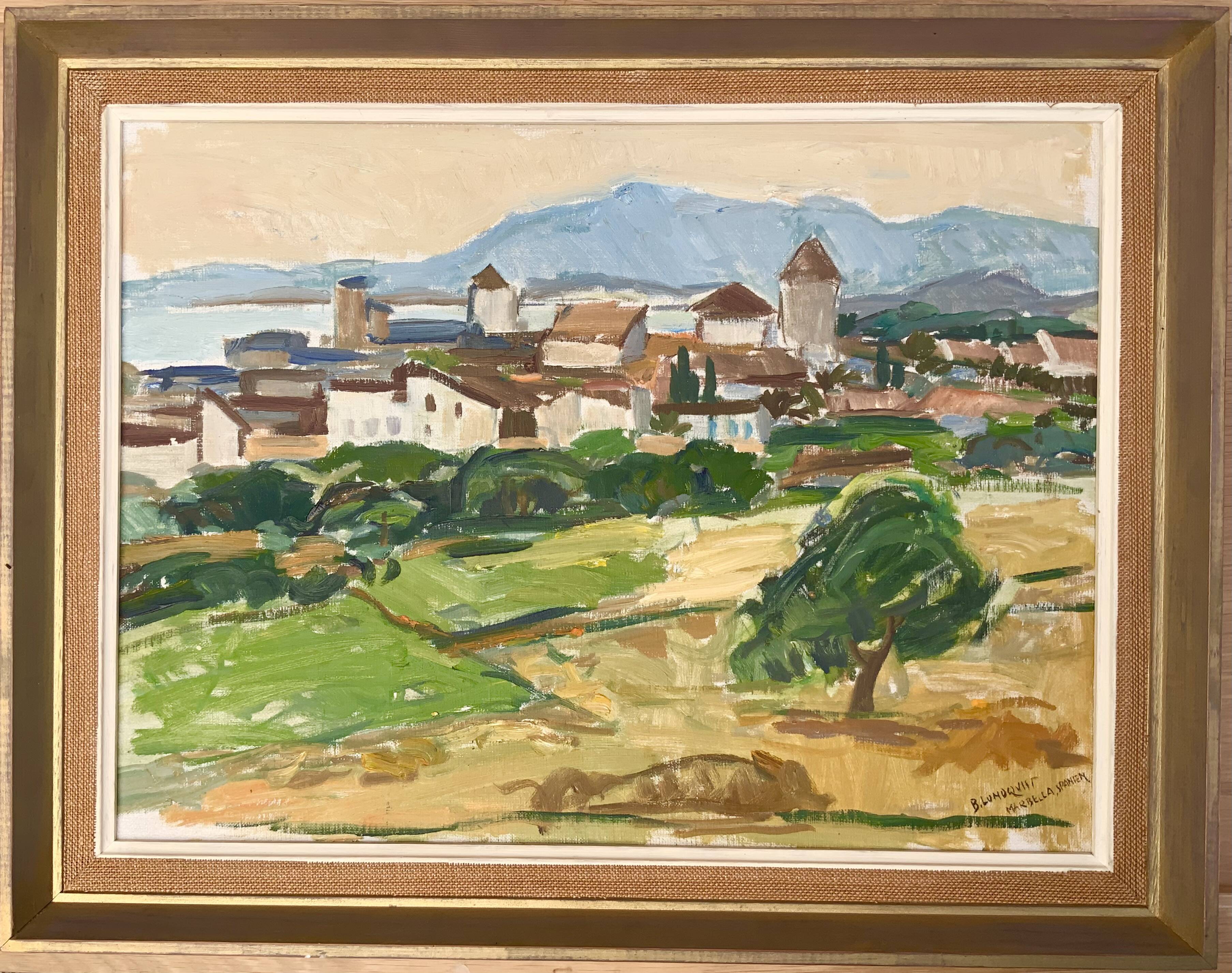 Peinture à l’huile de paysage impressionniste suédois du milieu du 20e siècle « Marbella » années 1960