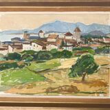 Peinture à l’huile de paysage impressionniste suédois du milieu du 20e siècle « Marbella » années 1960