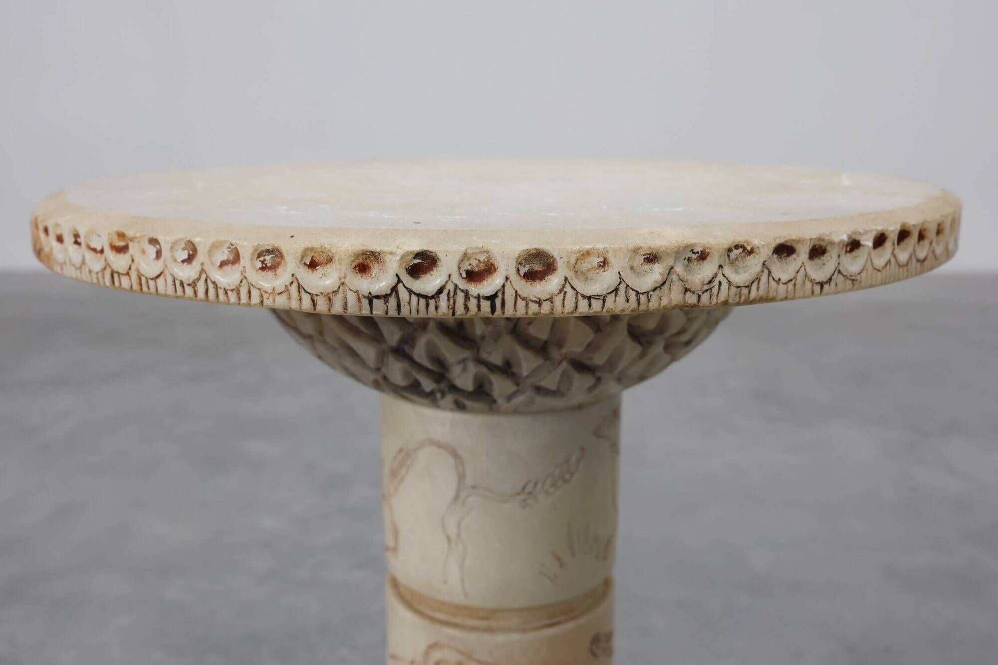 Carved alabaster pedestal with engraved figures, Italy ca. 1900