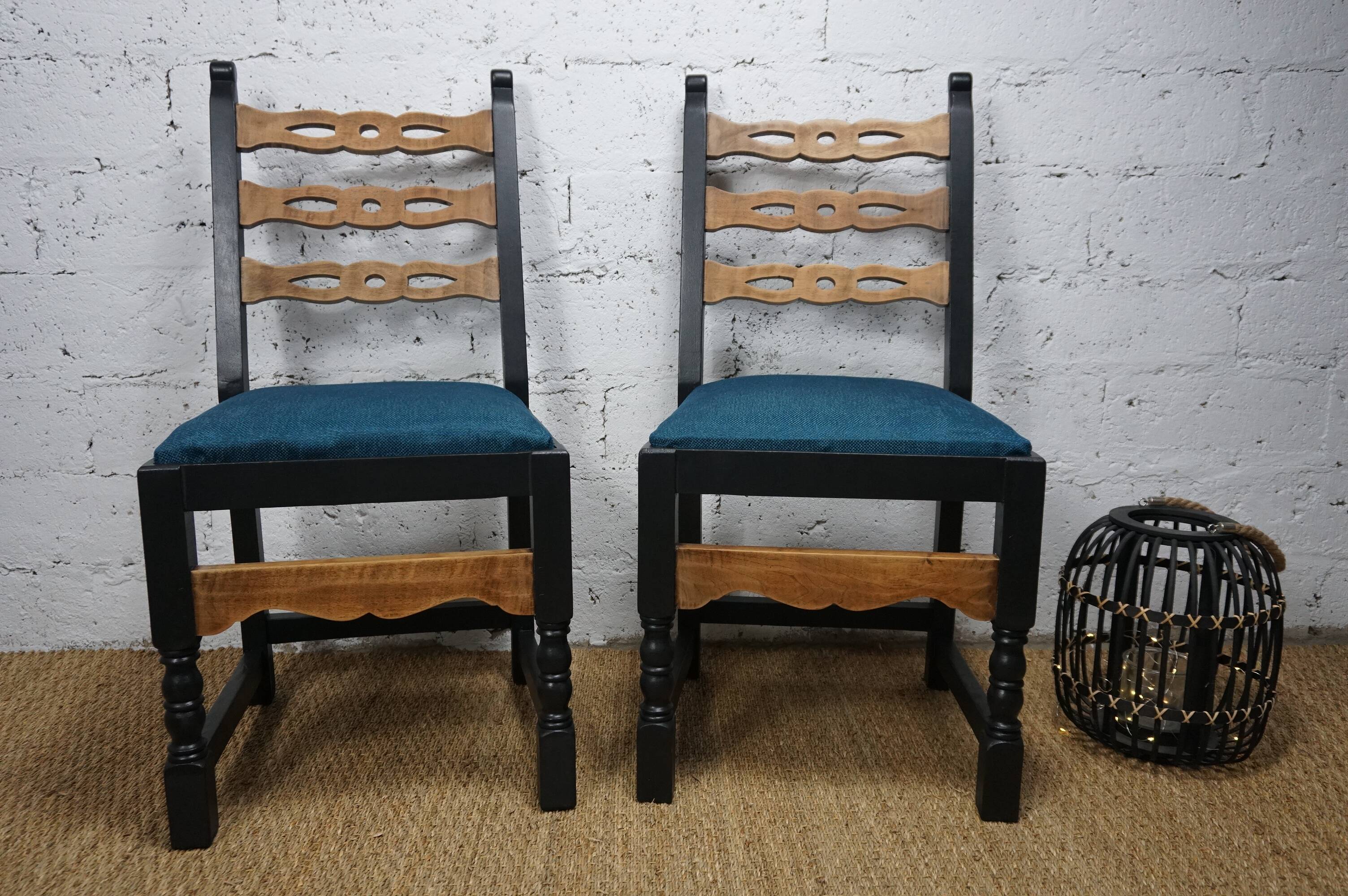 Pair of brutalist wooden chairs revamped in black, duck green fabric seat