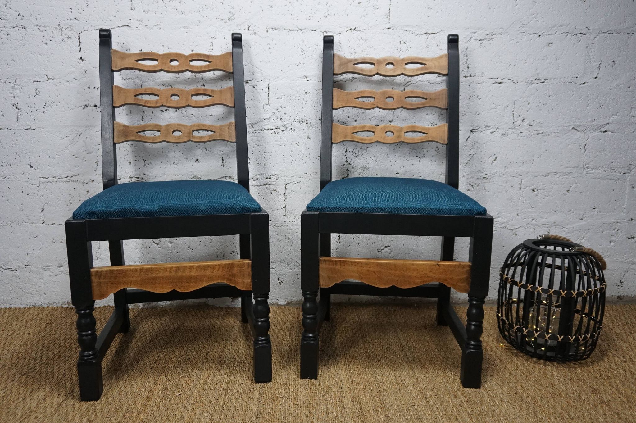 Pair of brutalist wooden chairs revamped in black, duck green fabric seat