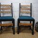 Pair of brutalist wooden chairs revamped in black, duck green fabric seat