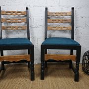 Pair of brutalist wooden chairs revamped in black, duck green fabric seat