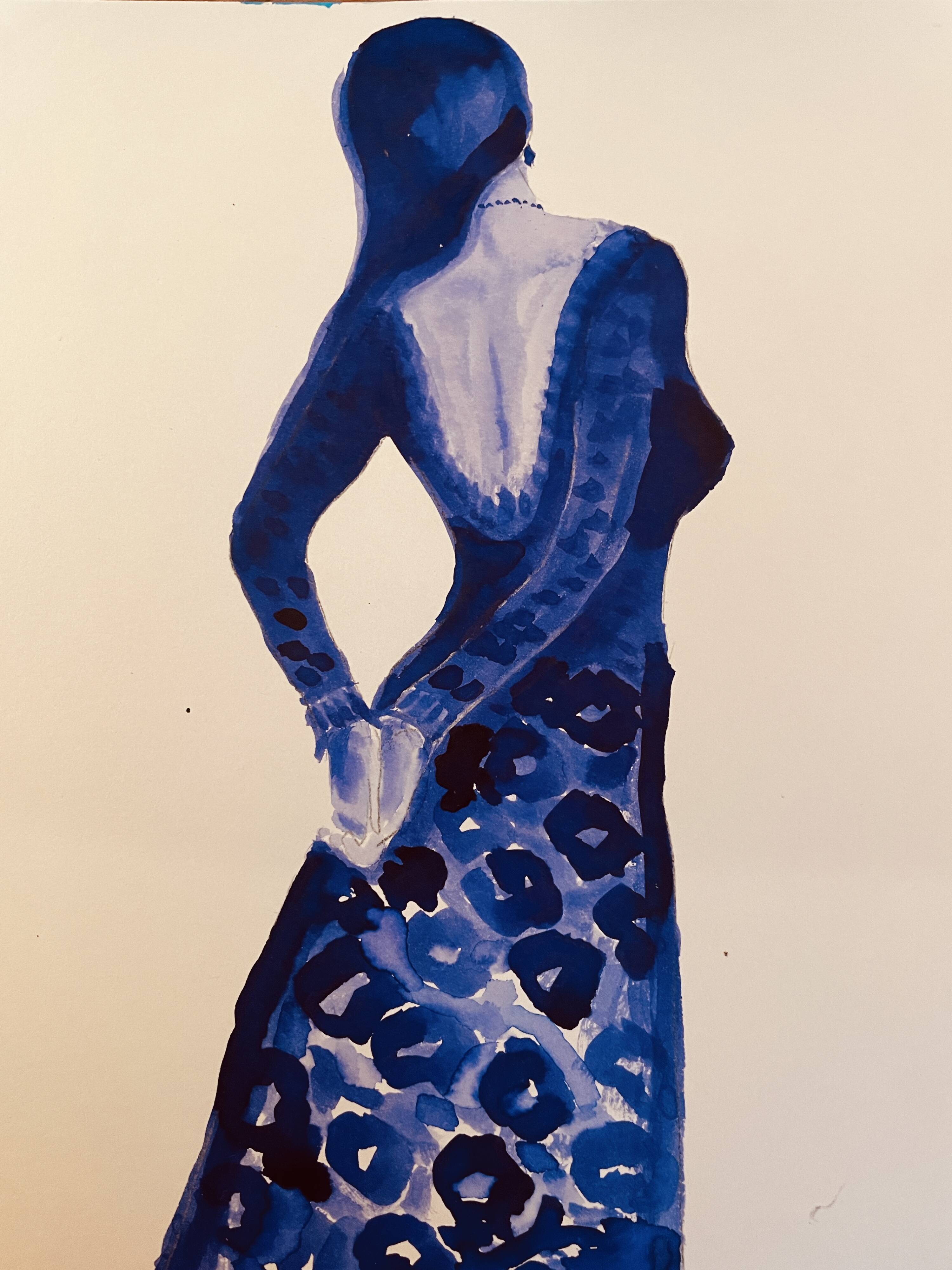 Monochrome indigo watercolour portrait of a woman "the indigo dress"