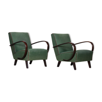 Paire de fauteuils en hêtre art deco tchèque vert, Jindrich Halabala, UP Zavody, années 1930