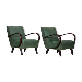 Pair of green czech art deco beech armchairs, Jindrich Halabala, Up Zavody, 1930s