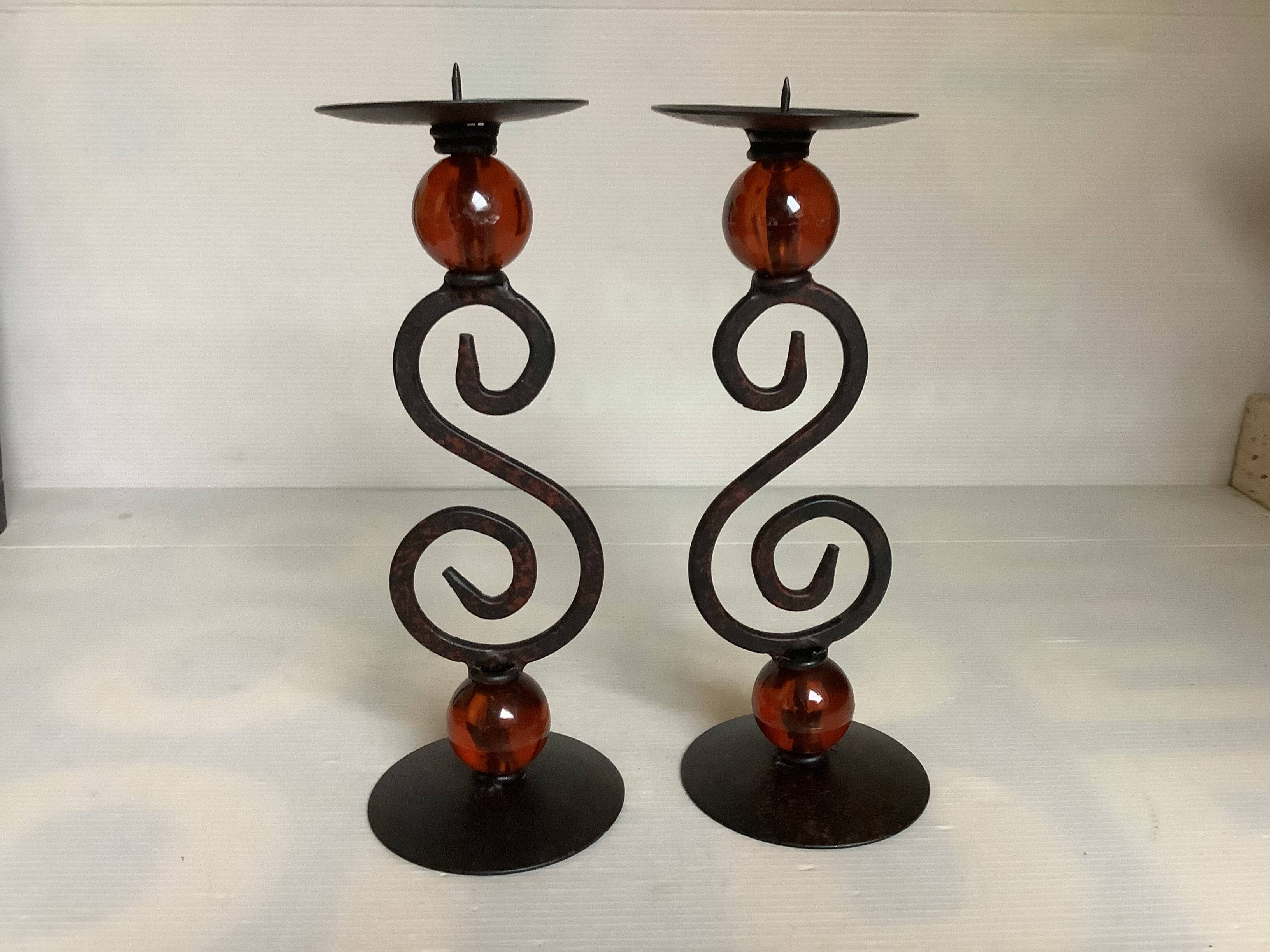 Pair of spiral candlesticks and beads
