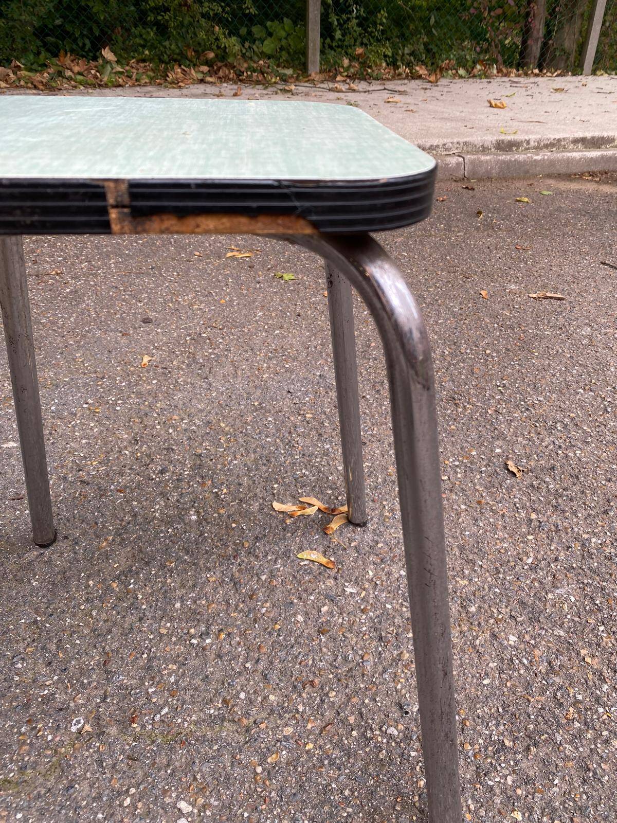 Pair of steel and formica stools, acqua green and steel