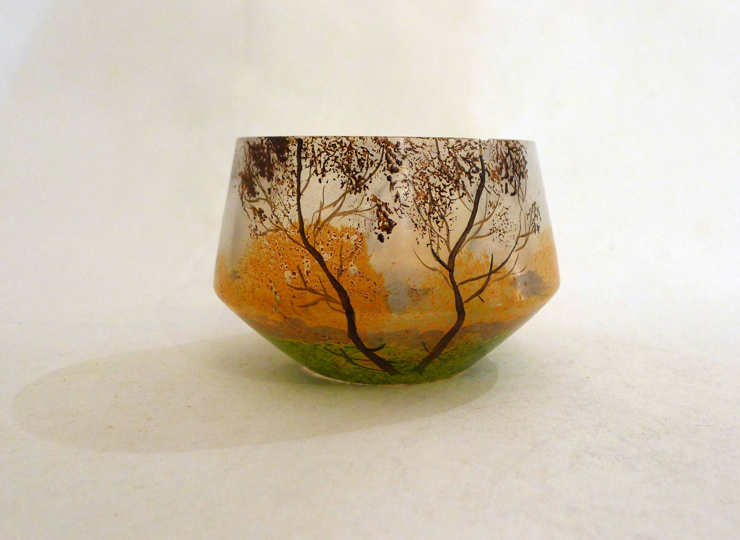 Small Art Nouveau enameled landscape vase/pot