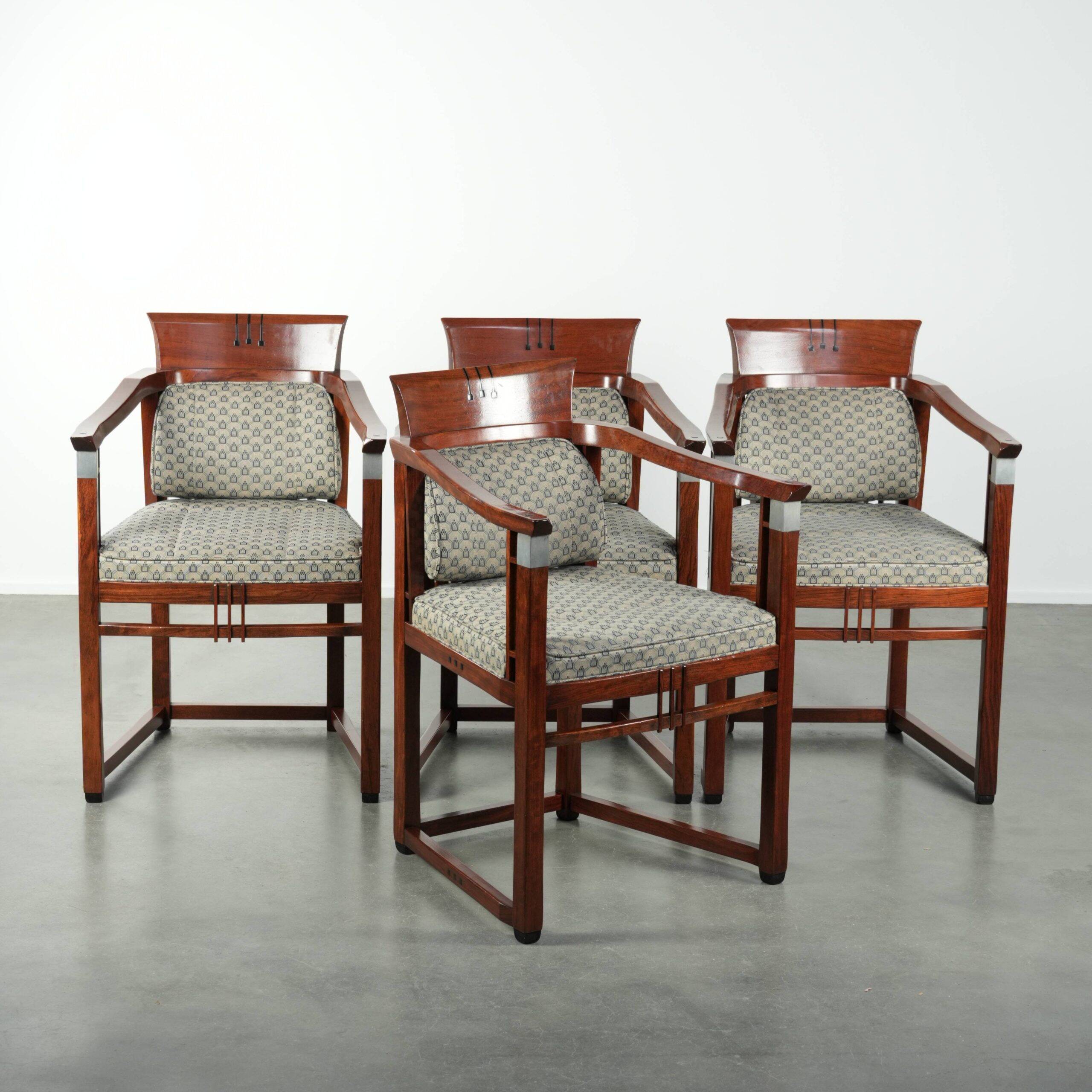 In very good condition Art Deco design dining chairs with fabric upholstery