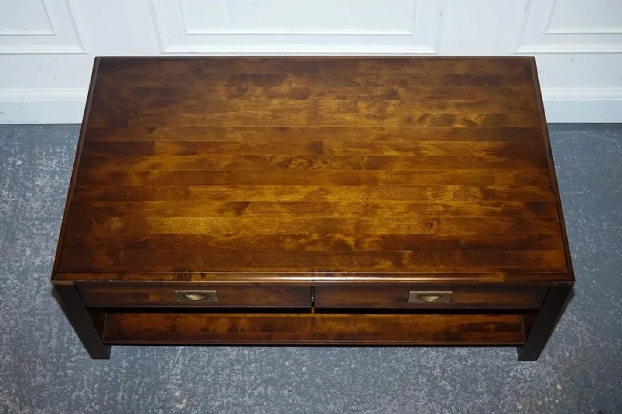 Vintage Military Campaign Coffee Table in Brass and Hardwood with Drawers
