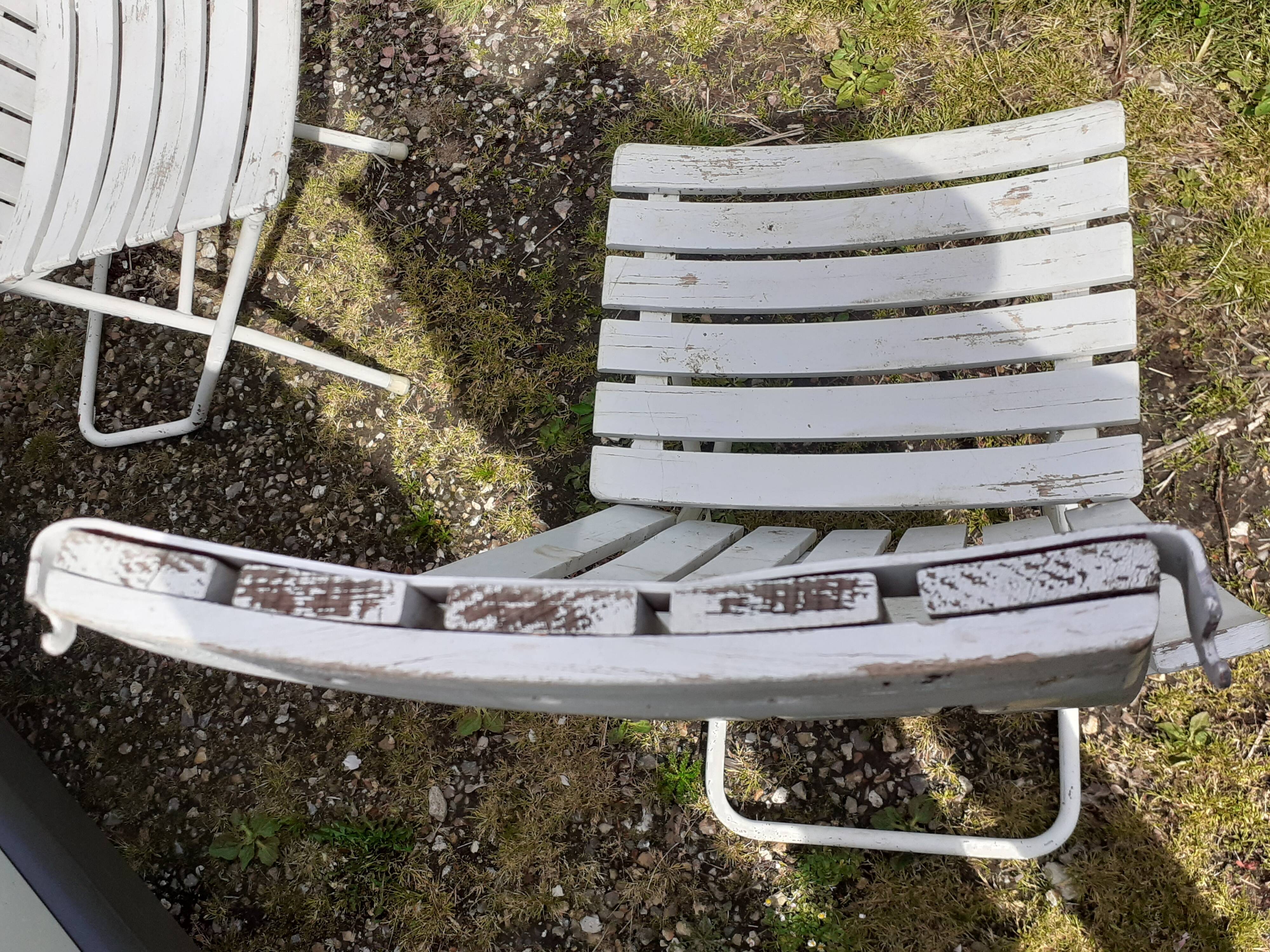 Pair of iron and old wood garden chairs