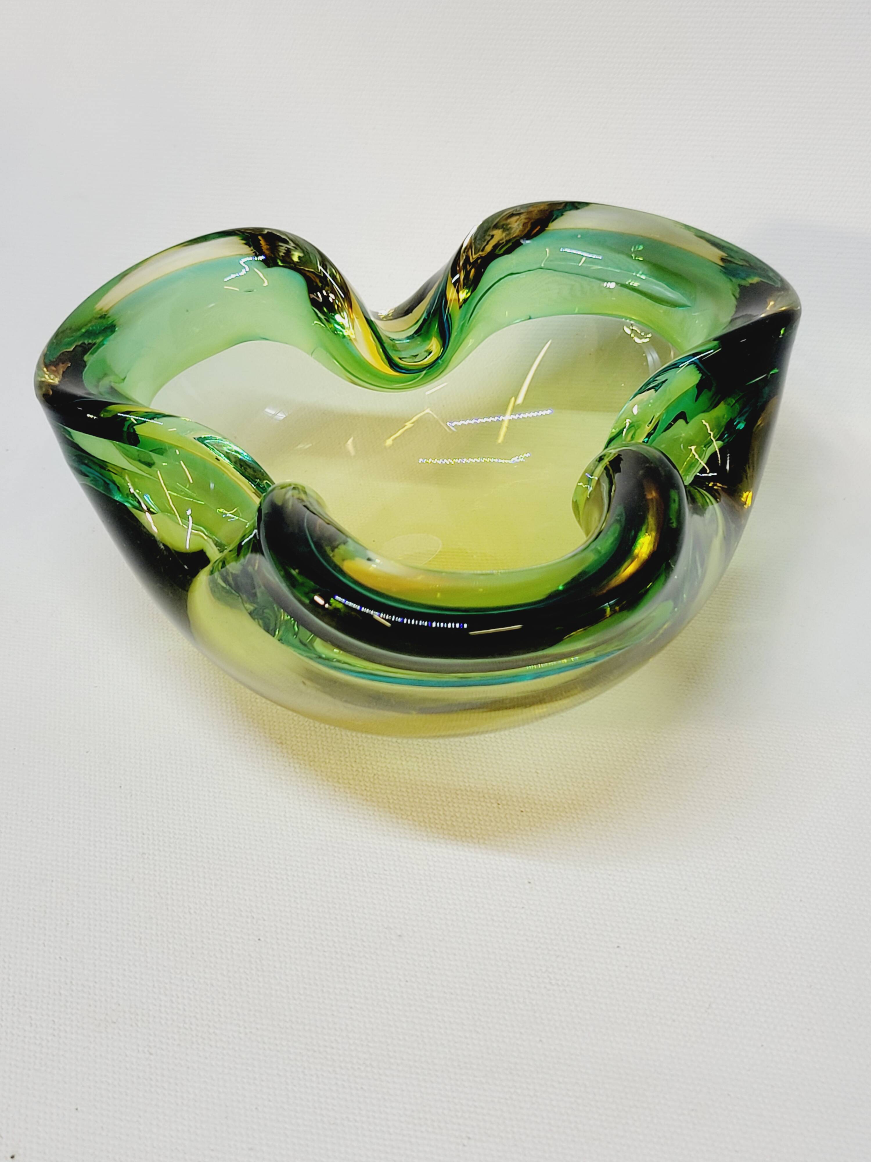 Empty Pocket Cup Ashtray Vintage Murano Glass Sommerso Green and Yellow
