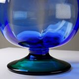 Petit vase globe à pied cristal vintage bicolore bleu et vert