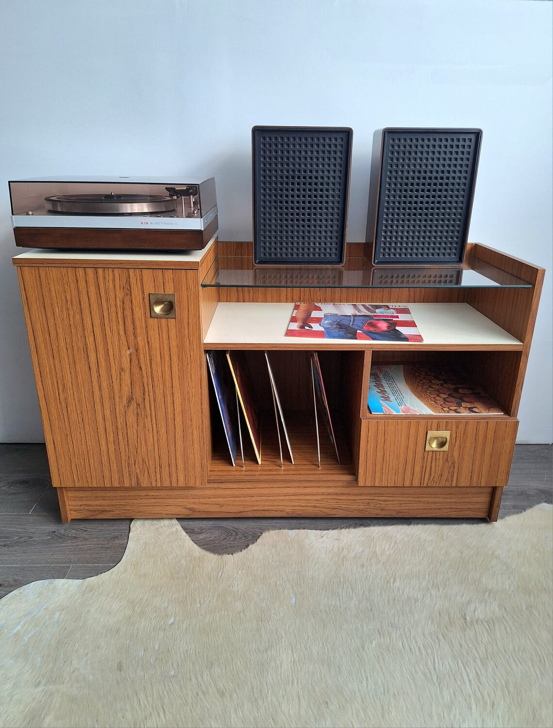 Vintage record player cabinet, designer hi-fi radio sideboard