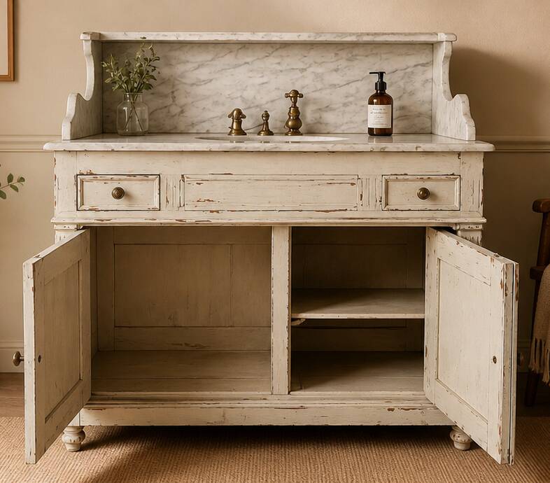 Antique wooden bathroom cabinet with painted finish and white marble.