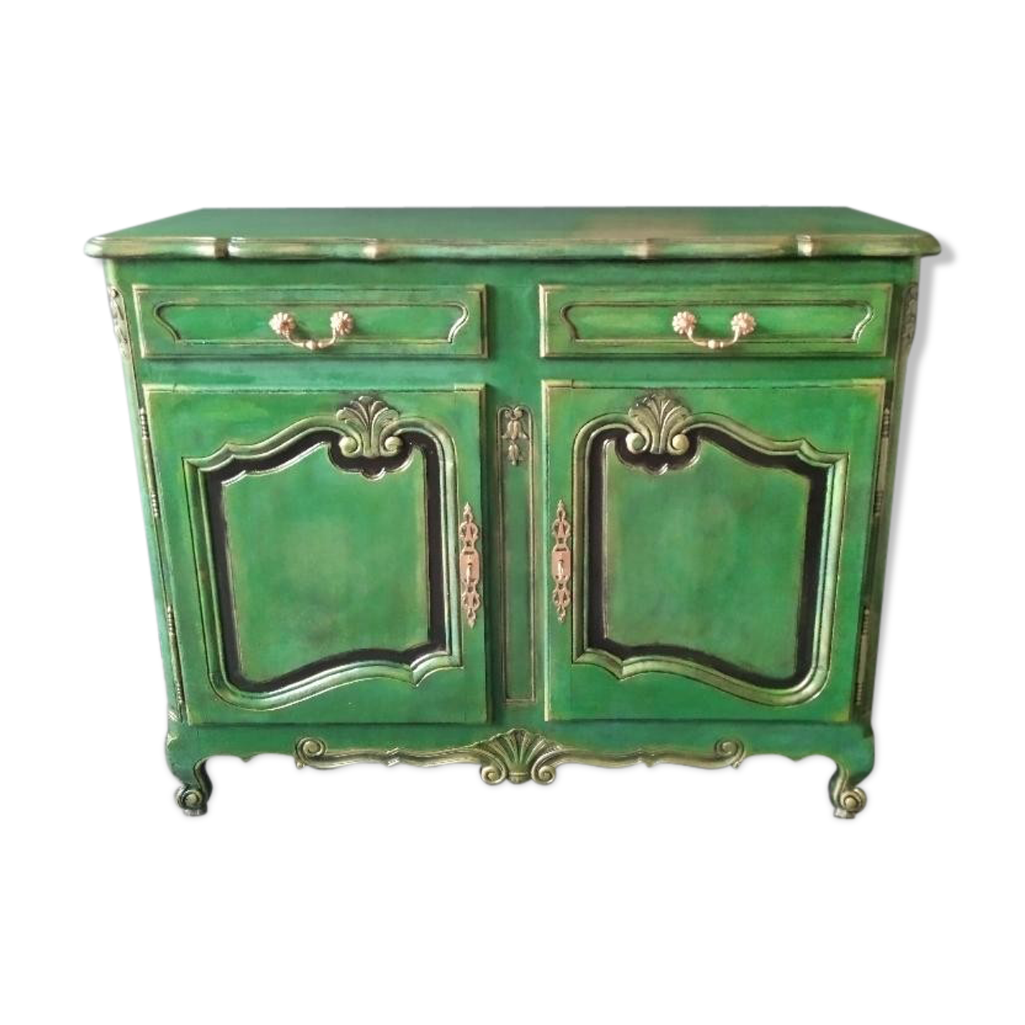 Buffet style Louis XV green and golden cerusé.