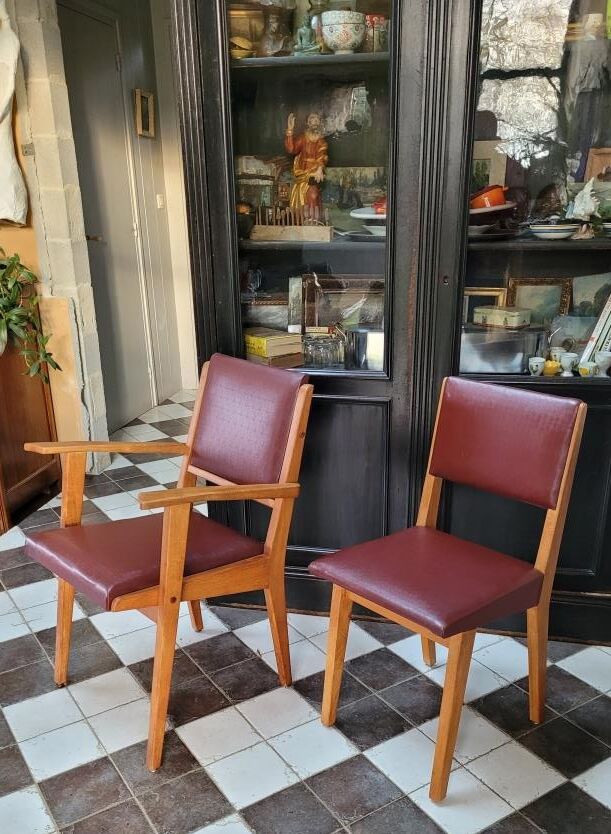 Pair chair/armchair wood and burgundy skaï, 50s