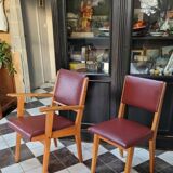 Pair chair/armchair wood and burgundy skaï, 50s