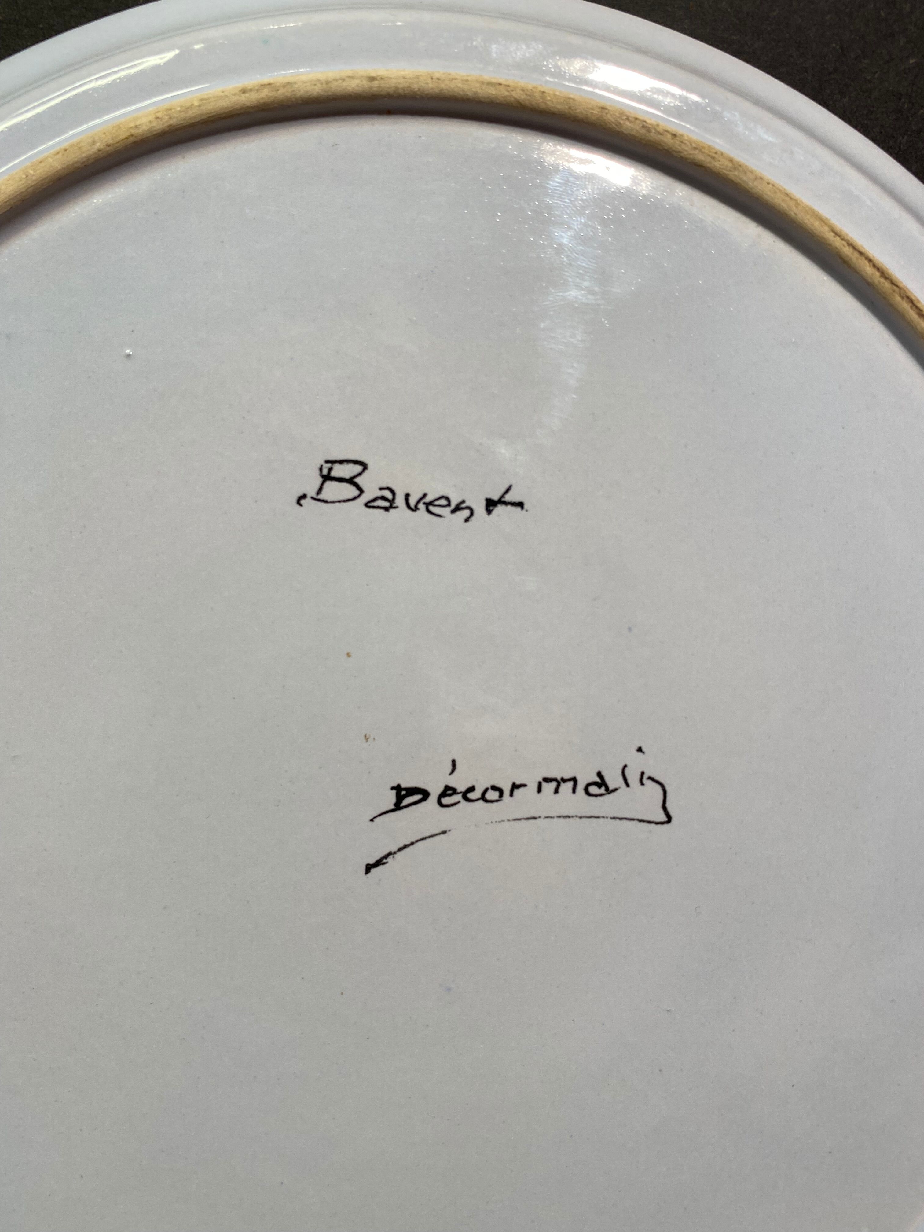 Circular earthenware top signed Bavent, rooster decoration