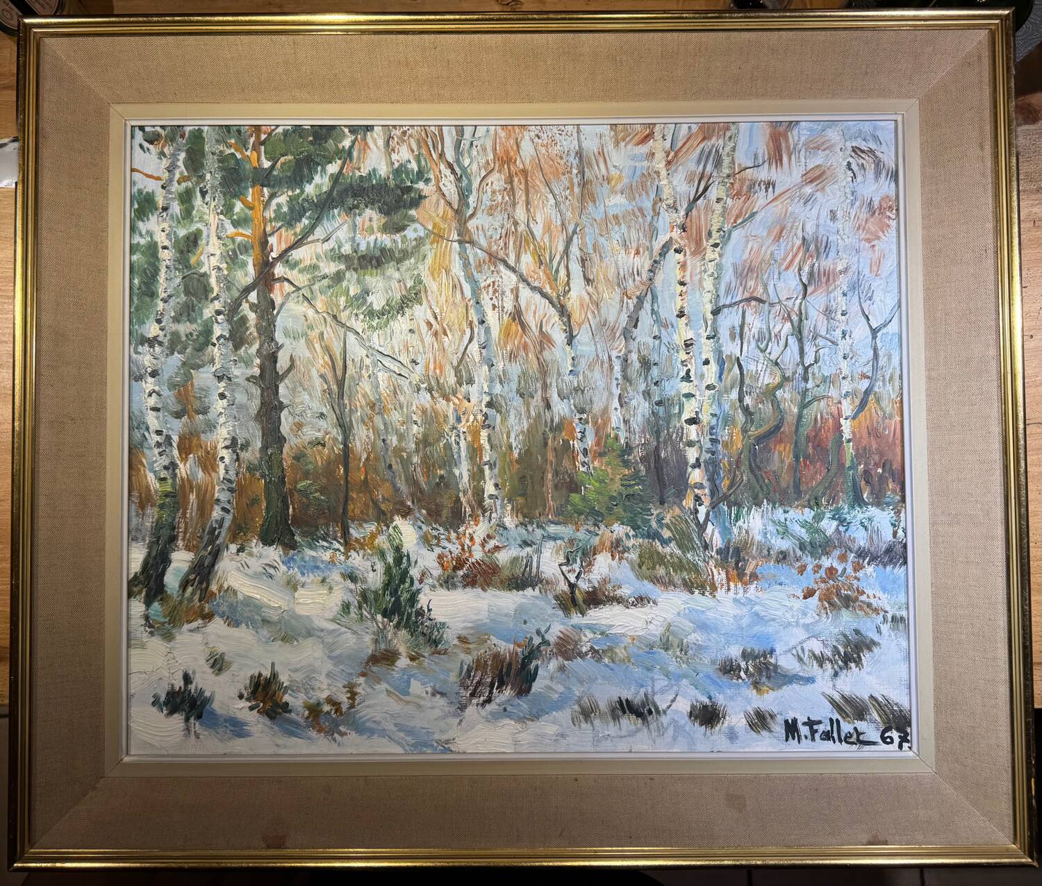 Antique painting, landscape under the snow, signed Fallet 1967