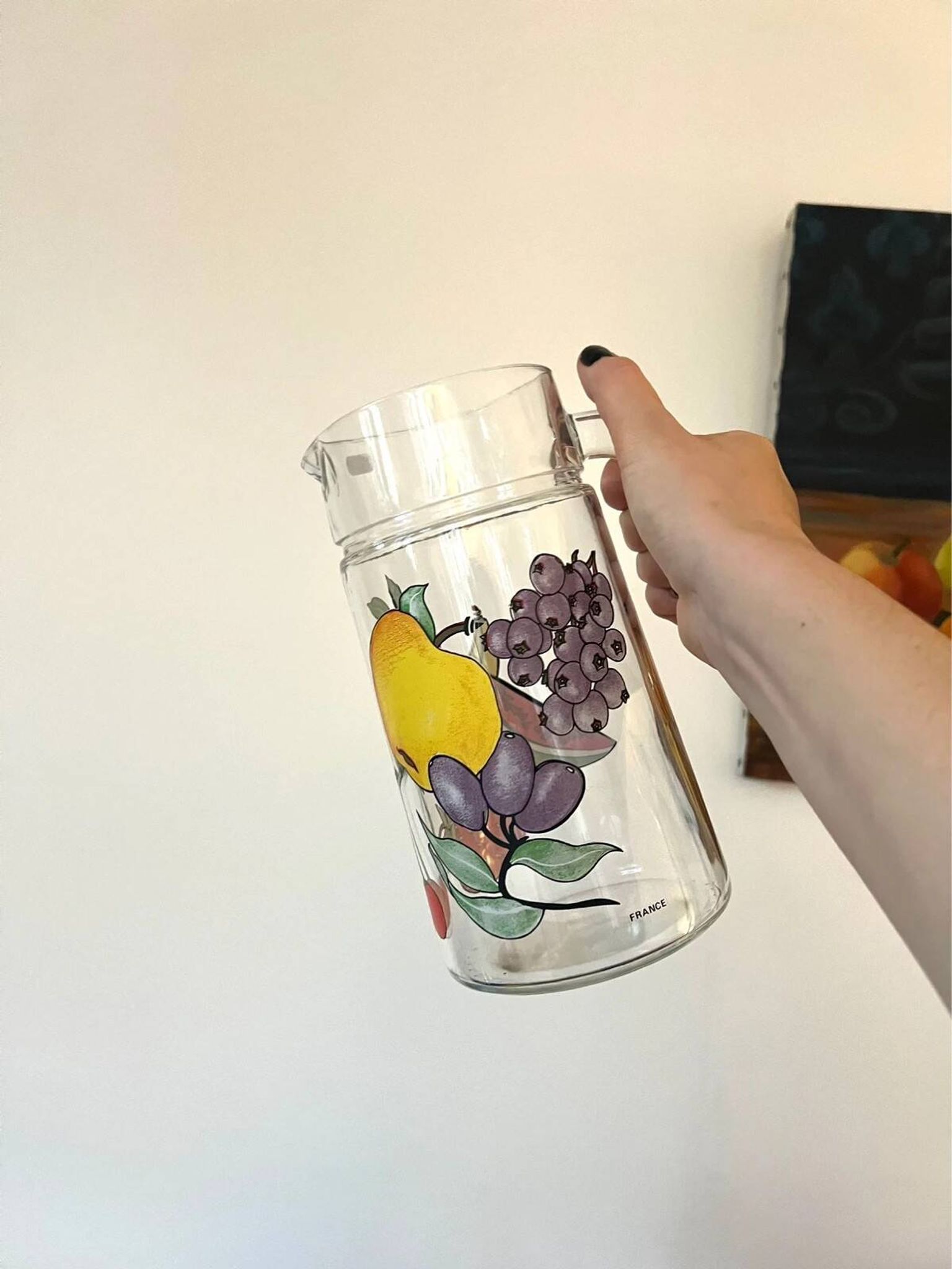 Vintage glass carafe with painted fruits