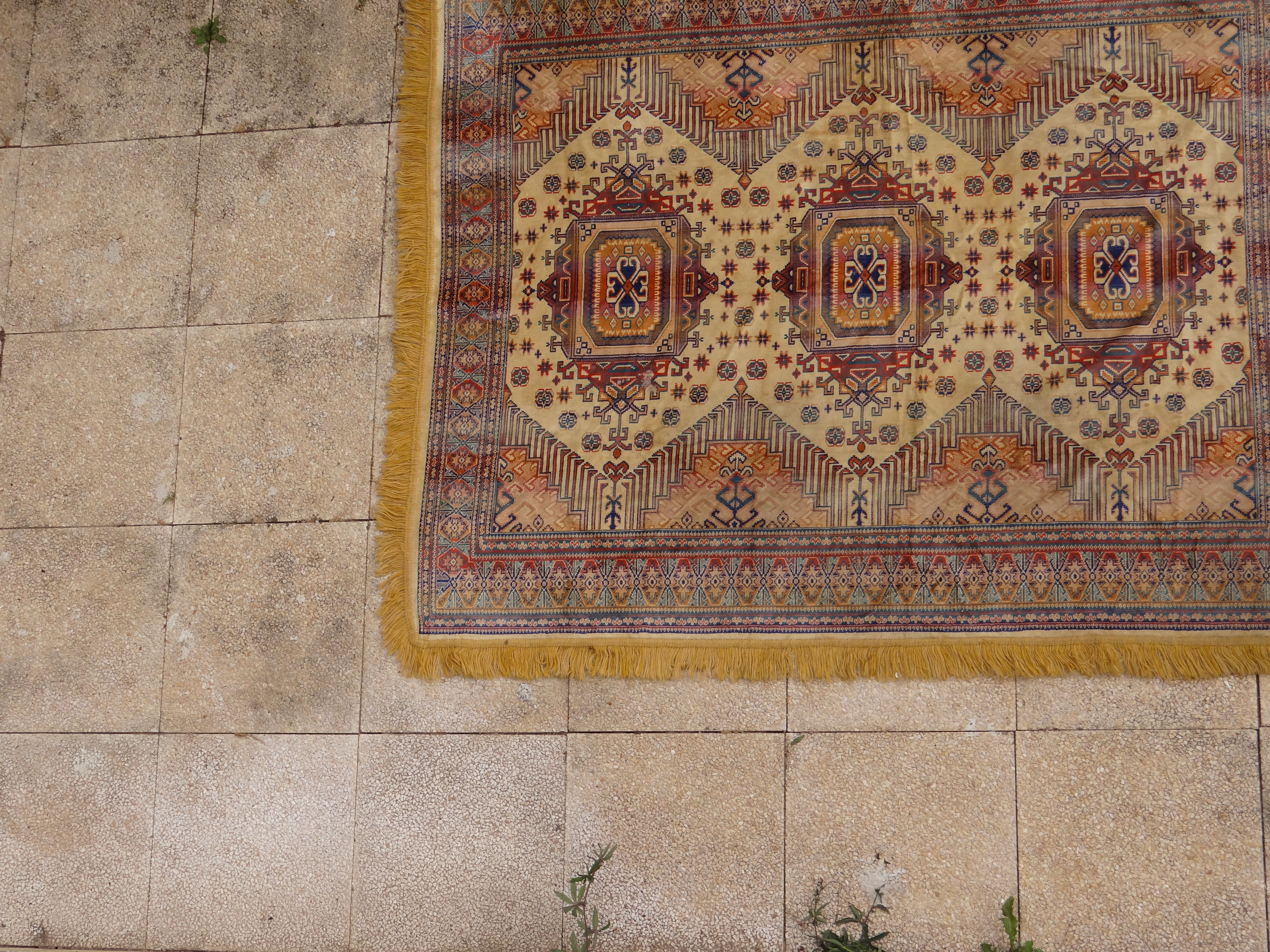 Kazak rug 180x150 cm vintage handmade oriental patterns ochre and burgundy