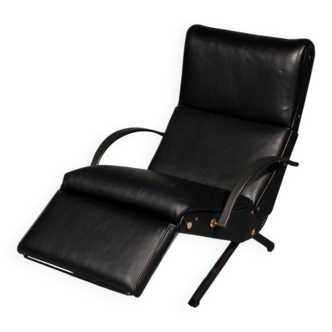 1960s Italian black leather adjustable P40 lounge chair, designed by Osvald